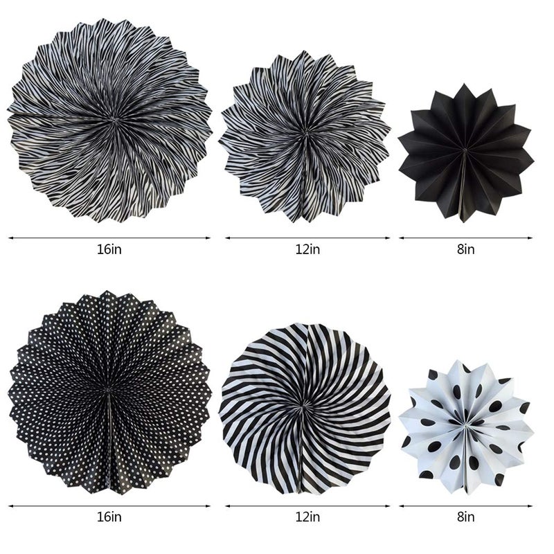 mifengda 18pcs Party Hanging Paper Fans Set Black White Round Paper Fans Decorative Pattern Folding Fan Halloween Hanging Garlands for Halloween Birthday Wedding Graduation Events Accessories - Image 2